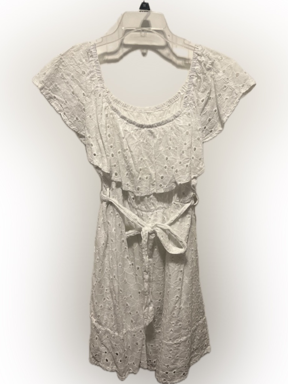 White Eyelet Ruffle Belted Off the Shoulder Summer Dress